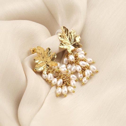Handmade Genuine Pearls, Grape Stud Earrings, Gold Plated Artistic Cluster Design with Fresh Water Pearls Antique Looking Gift for Women