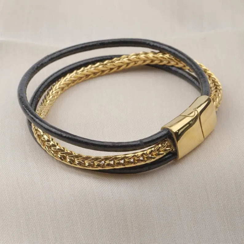 Gold & Leather Chain Bracelet with Titanium Lock