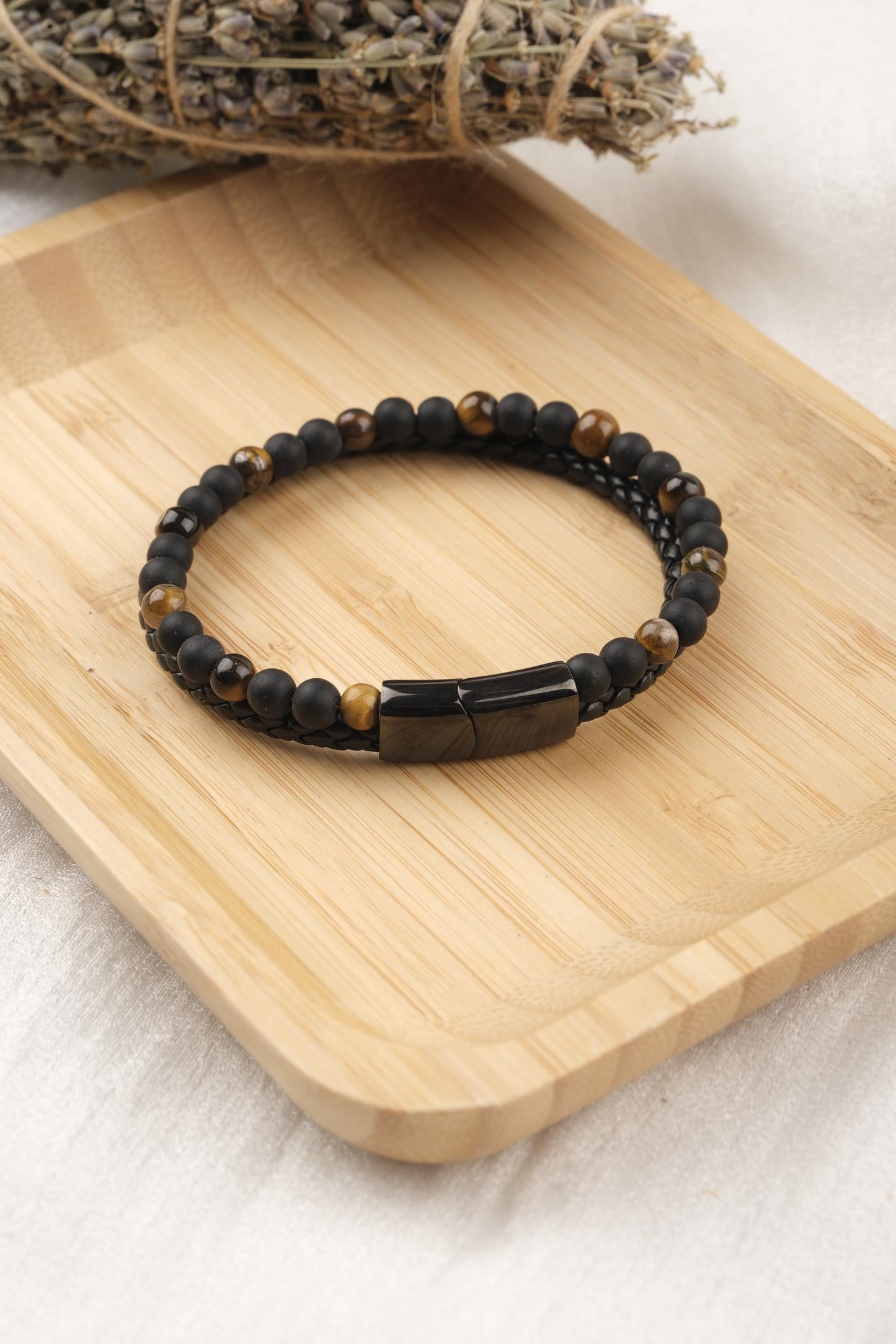 Stones of Power, Tiger Eye and Matte Onyx Bracelet for Men, Leather Wristband Gift for Him or Boyfriend, Crystal Design