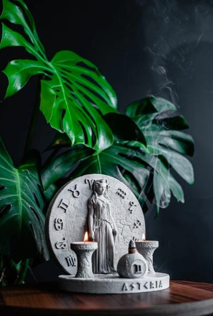 Handcrafted Asteria Incense Burner with Twin Candle Holders, Zodiac Concrete Design, Mystical Spiritual Decor for Meditation and Balance