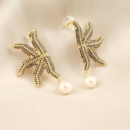 Handmade Real Pearl & Starfish Stud Earrings with Genuine Freshwater Pearl, Light Artistic Ocean-Inspired Design, Elegant Marine Style Gift
