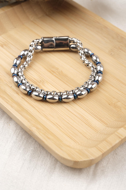Dual Energy, Double Layer Hematite Leather Bracelet for Men, Silver and Crystal Stone Gift for Him, Stylish Wristband
