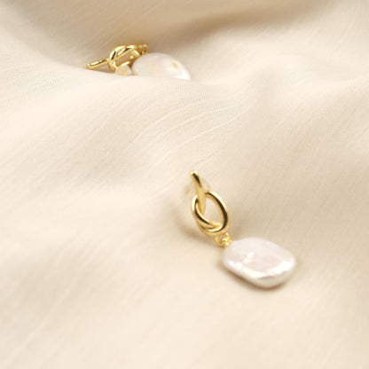 Handmade Genuine Pearl Tie Style Studs, Gold Plated Twisted Detail Earrings, Elegant Minimalist Jewelry For Women, Modern Freshwater Charm