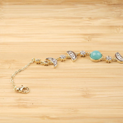 Celestial Moon & Star Bracelet for Women, Gold Charm Bracelet with Sky Blue Stone, Dainty Astrology Jewelry Gift for Her, 22cm / 8.66in