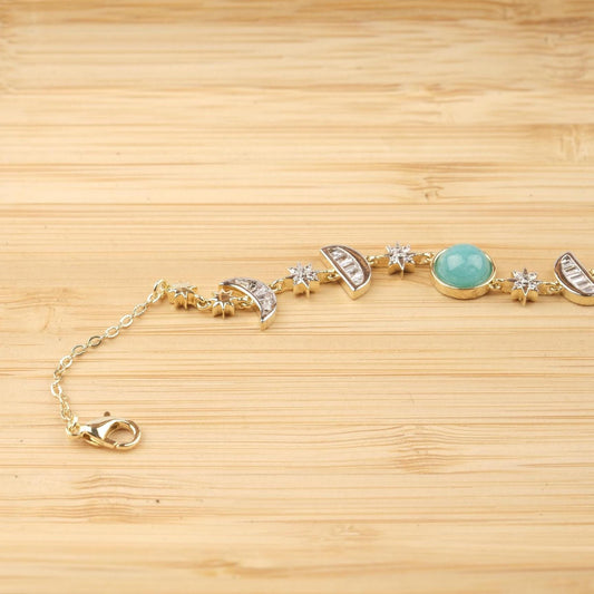 Celestial Moon & Star Bracelet for Women, Gold Charm Bracelet with Sky Blue Stone, Dainty Astrology Jewelry Gift for Her, 22cm / 8.66in