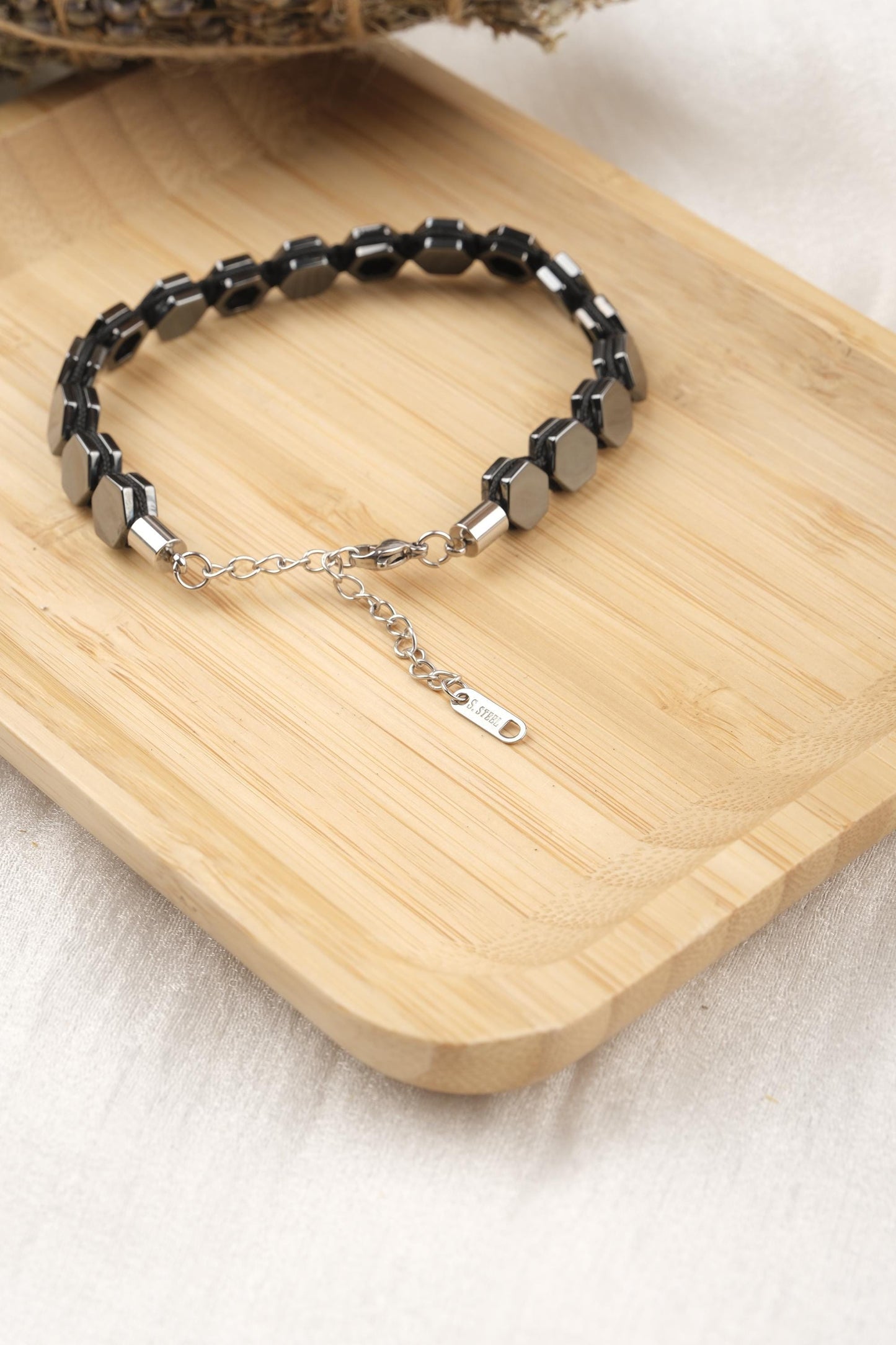 Geometric Edge, Hexagon Hematite Bracelet for Men in Silver and Black, Adjustable Crystal Jewelry, No Leather, Gift for Him