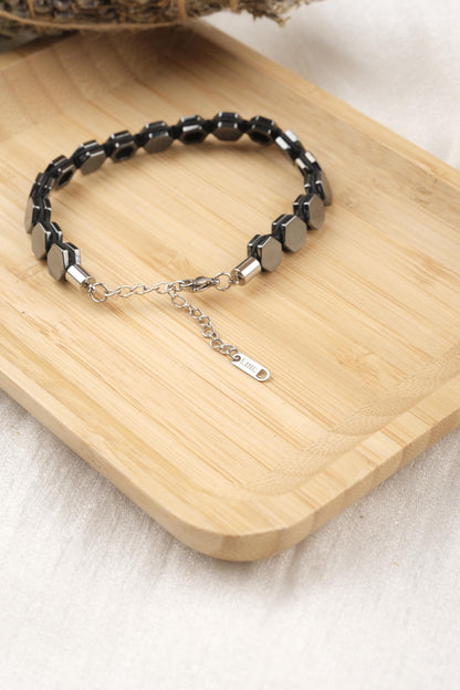 Geometric Edge, Hexagon Hematite Bracelet for Men in Silver and Black, Adjustable Crystal Jewelry, No Leather, Gift for Him