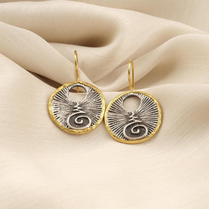 Handmade Abstract Chakra Dangles, Symbol Earrings, Dual Tone Gold Plated Bohemian Jewelry, Unique Artistic Design With Spiritual Symbolism