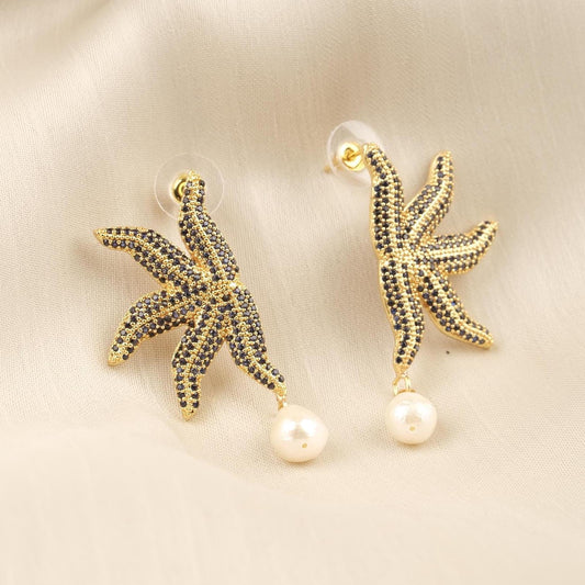 Handmade Real Pearl & Starfish Stud Earrings with Genuine Freshwater Pearl, Light Artistic Ocean-Inspired Design, Elegant Marine Style Gift