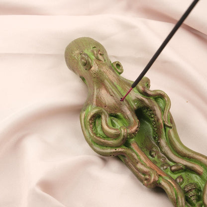Green Octopus Incense Stick Holder with Ash Lid , 23 cm, 9 in | Unique Sea-Inspired Incense Burner for Meditation & Decor, Incense Burner