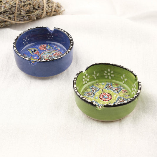 Buy1 Get1 | Green & Blue Ceramic Ashtray with Vintage Lid, Handmade Antique-Inspired Smoking Tray, Small Decorative Ashtray Gift for Home