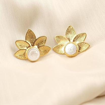Handmade Real Pearl Lotus Flower Stud Earrings with Genuine Freshwater Pearl, Unique Zen Mode Jewelry, Antique Looking Nature-Inspired Gift