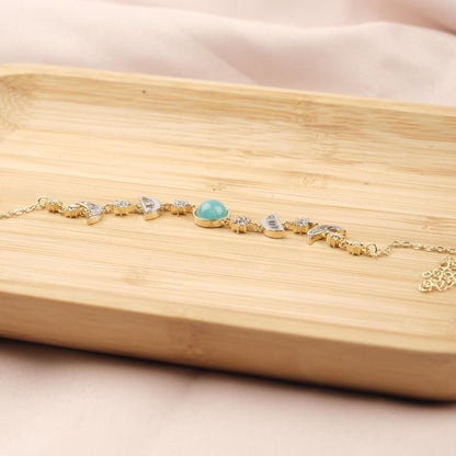 Celestial Moon & Star Bracelet for Women, Gold Charm Bracelet with Sky Blue Stone, Dainty Astrology Jewelry Gift for Her, 22cm / 8.66in