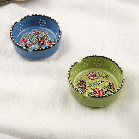 Buy1 Get1 | Green & Blue Ceramic Ashtray Set with Vintage Lids, Handmade Small Smoking Trays, Elegant Antique Style Decorative Ashtrays