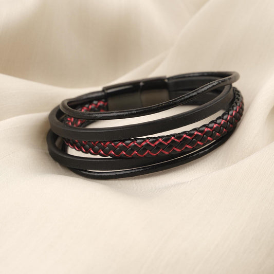 Black Leather Titanium Lock  Men's Bracelet – 22cm Bold Design with Red Stitching and Gold Accent
