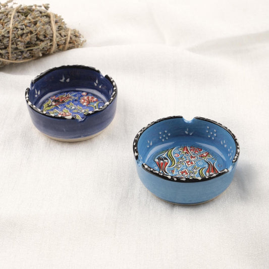 Buy1 Get1 | Blue & Navy Blue Ceramic Ashtray with Vintage Lid, Handmade Small Smoking Tray, Elegant Antique Style Decorative Ashtray Gift