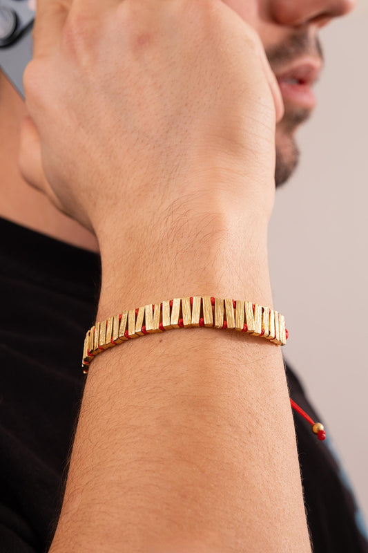 Geometric Bronze Bracelet for Men, Red Cord with Adjustable Fit, Meditation Jewelry for Modern Style and Confidence, Spiritual Gift for Him