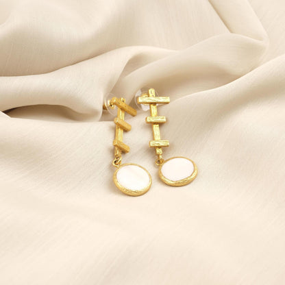 Handmade Artistic Stud Earrings With Genuine Pearl Discs, Gold Plated Abstract Design, Elegant Modern Jewelry With Vintage Style Charm Gift