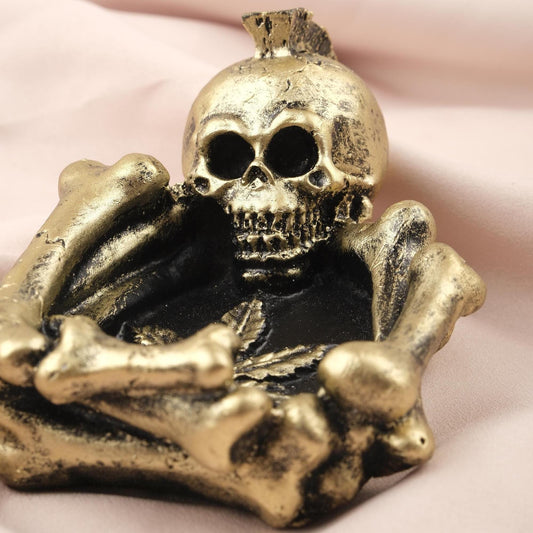 Gold & Black Marijuana Leaf Ashtray in Skeleton Form, Gothic and Hippie Art Cigarette Lid for Smokers, Unique Smoking Accessory | Skull Art