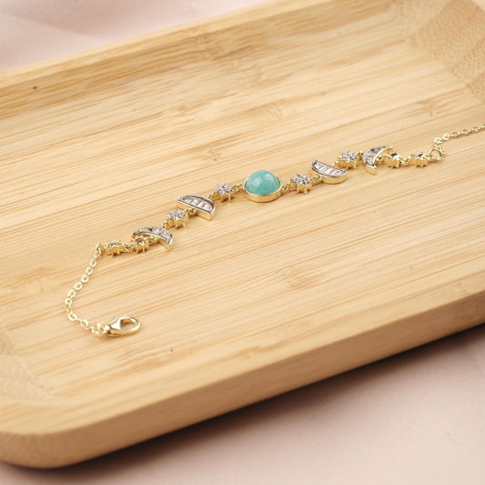 Celestial Moon & Star Bracelet for Women, Gold Charm Bracelet with Sky Blue Stone, Dainty Astrology Jewelry Gift for Her, 22cm / 8.66in