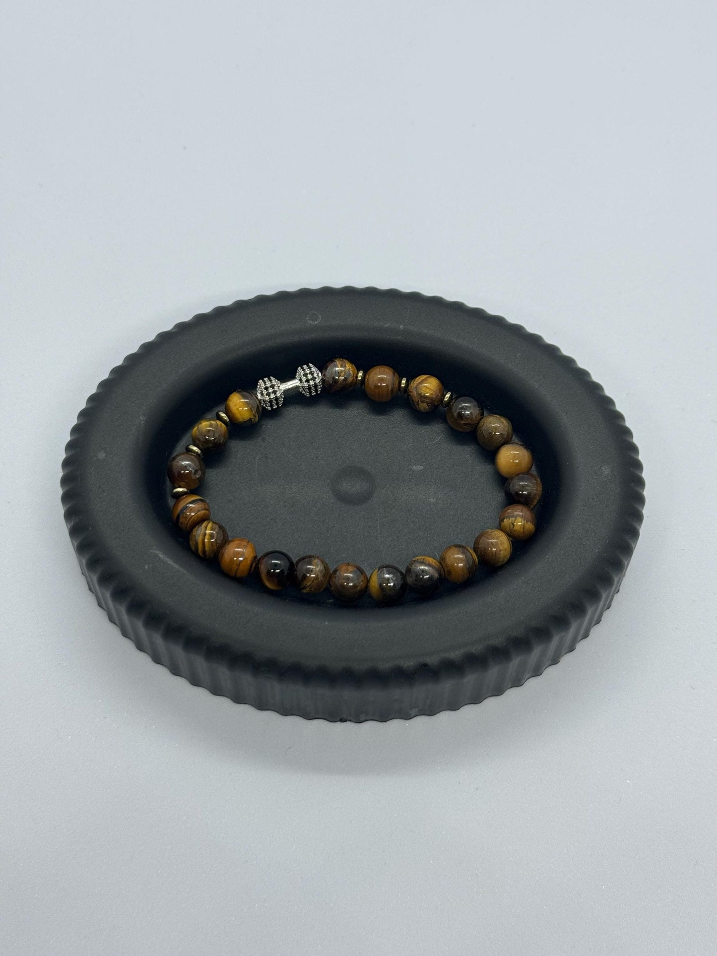 Silver Dumbbel Tiger Eye Hematite Bracelet for Him, Sacral Chakra Protection Gemini, Scorpio, Taurus, Cancer, Power Stone Men Gym Bracelet