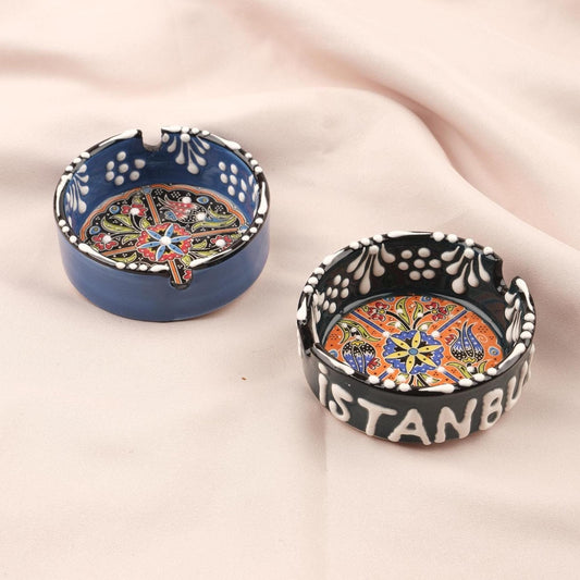 Buy1 Get1 | Handmade, Antique Looking Vintage Style Ashtray in Black & Blue with Istanbul Handwriting
