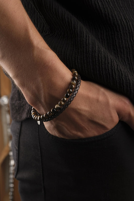 Handmade Minimal Tiger's Eye Gemstone and Genuine Leather Men's Bracelet with Titanium Lock,  Natural Stone Jewelry for Him | 22 cm, 8.66 in