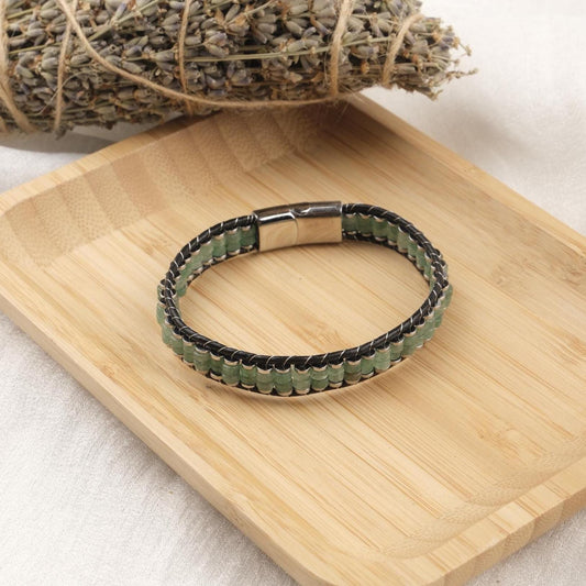Stone of Opportunity, Green Aventurine & Leather Bracelet for Men, Crystal Bracelet Gift with Hematite, Stylish Wristband