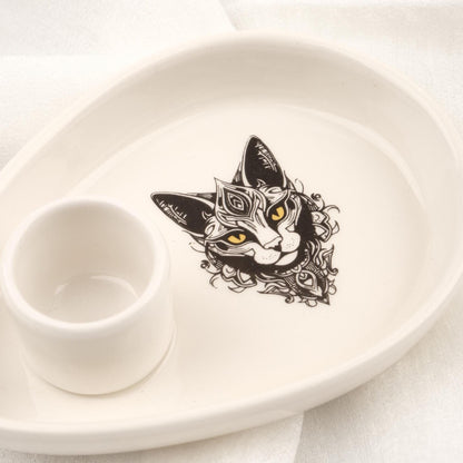 Meditating Third Eye Cat Design Black And White Palo Santo Holder | Ceramic Cleansing Tray | 9x14x4cm Authentic Unique Sandal Ash Catcher