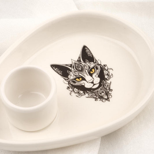 Meditating Third Eye Cat Design Black And White Palo Santo Holder | Ceramic Cleansing Tray | 9x14x4cm Authentic Unique Sandal Ash Catcher