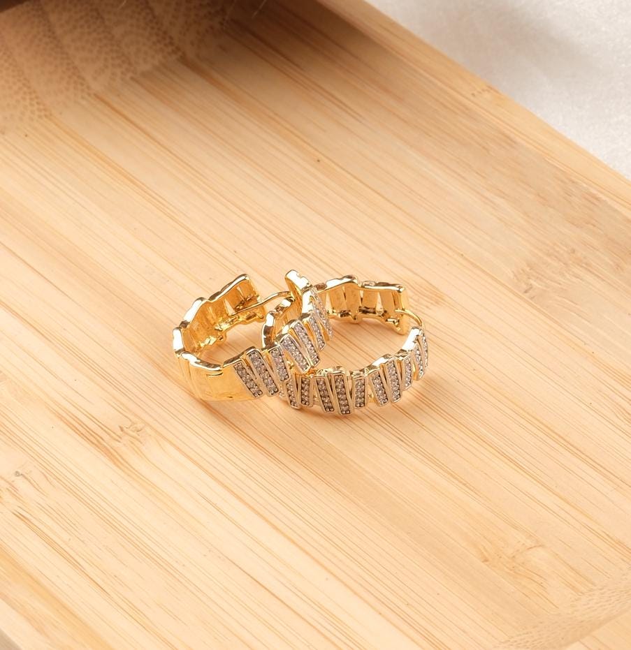 British Lock Gold Hoop Earrings With Emerald-Cut Diamond Accents Hypoallergenic Lightweight Chic Elegant Everyday Jewelry Gift for Women