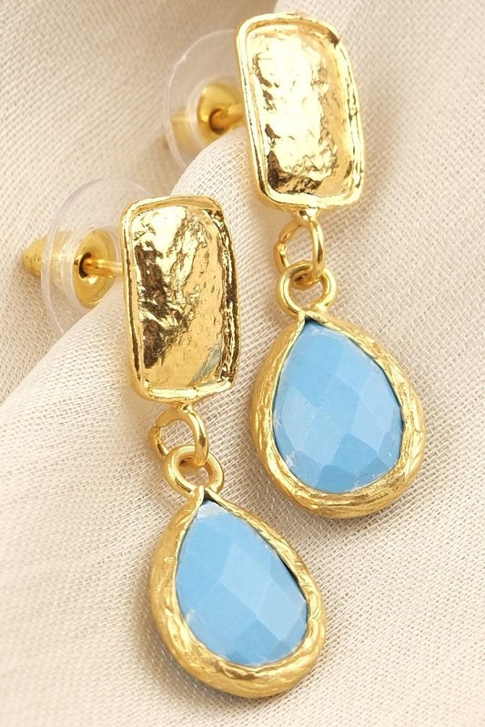 Handmade Turquoise Gemstone Stud Earrings, Elegant Teardrop Design with Faceted Blue Stone, Antique Looking Dainty Gift for Women