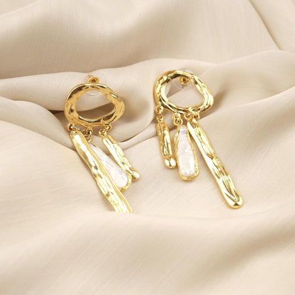 Handmade Genuine Pearl Artistic Earrings, Modern Abstract Design With Gold Plated Studs, Bold Baroque Statement Style For Unique Look Gift