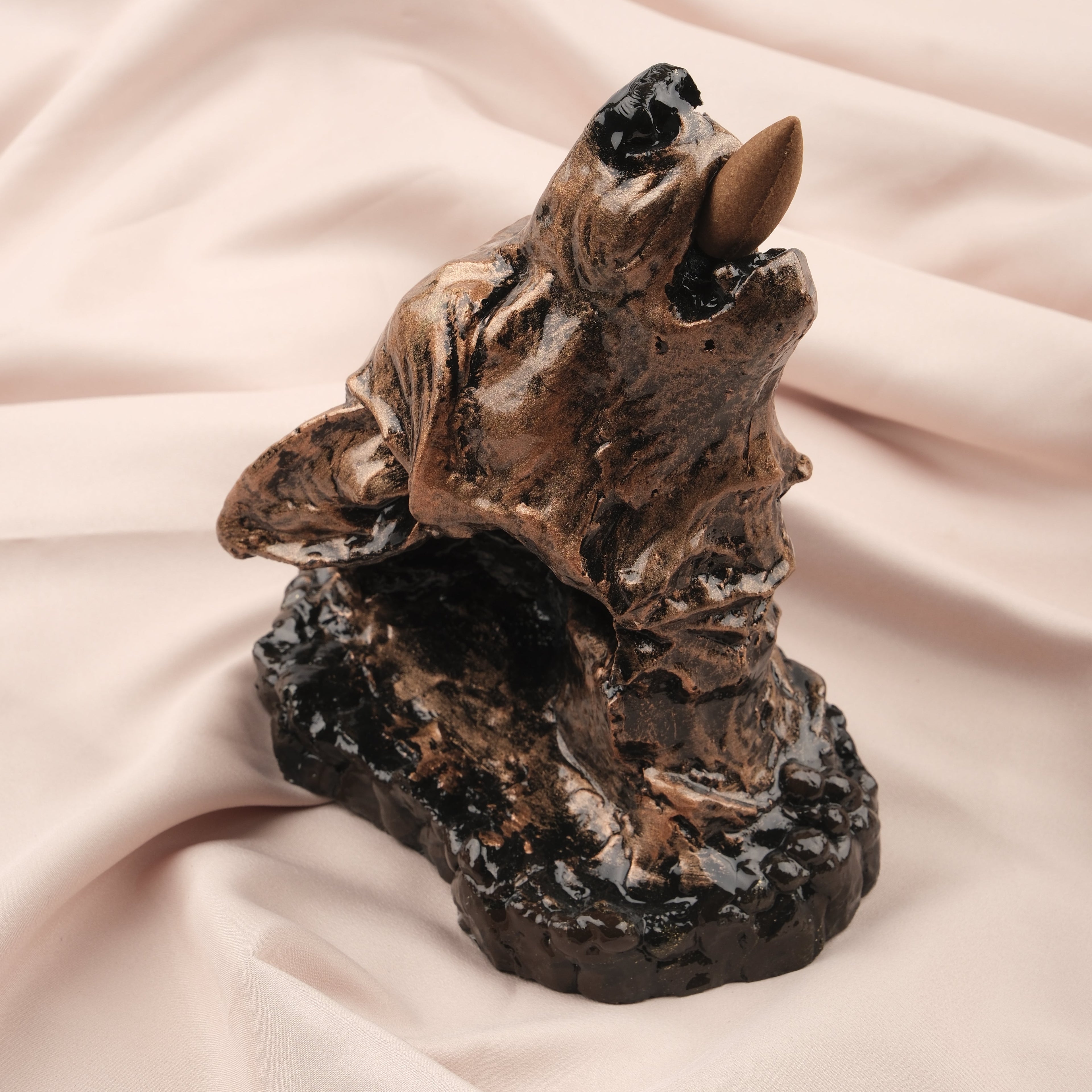 Gold & Black Resin Howling Wolf Backflow Incense Burner