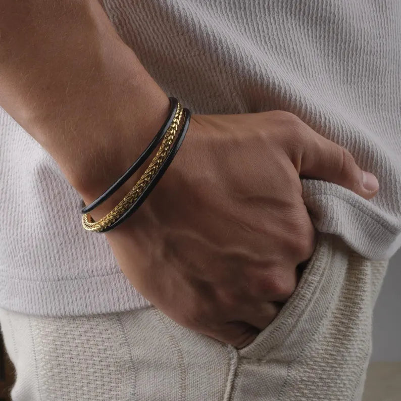 Gold & Leather Chain Bracelet with Titanium Lock