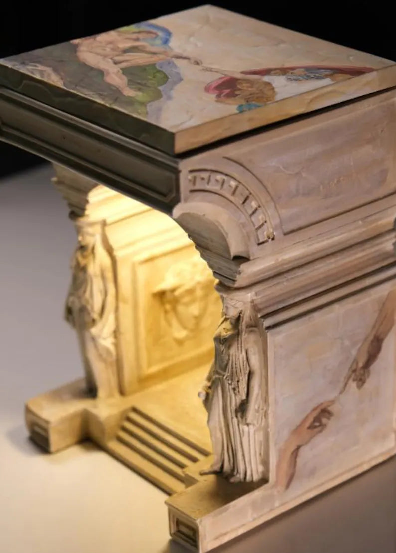 Karyatid Column Lamp with Medusa Details & Creation of Adam Prints and Sandro Boticelli