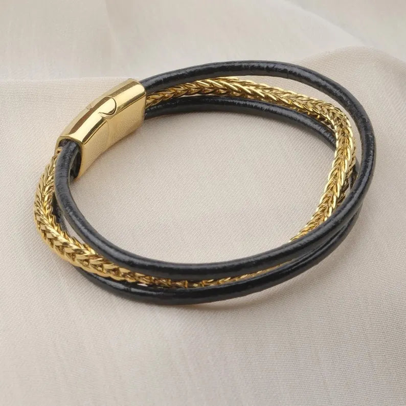 Gold & Leather Chain Bracelet with Titanium Lock
