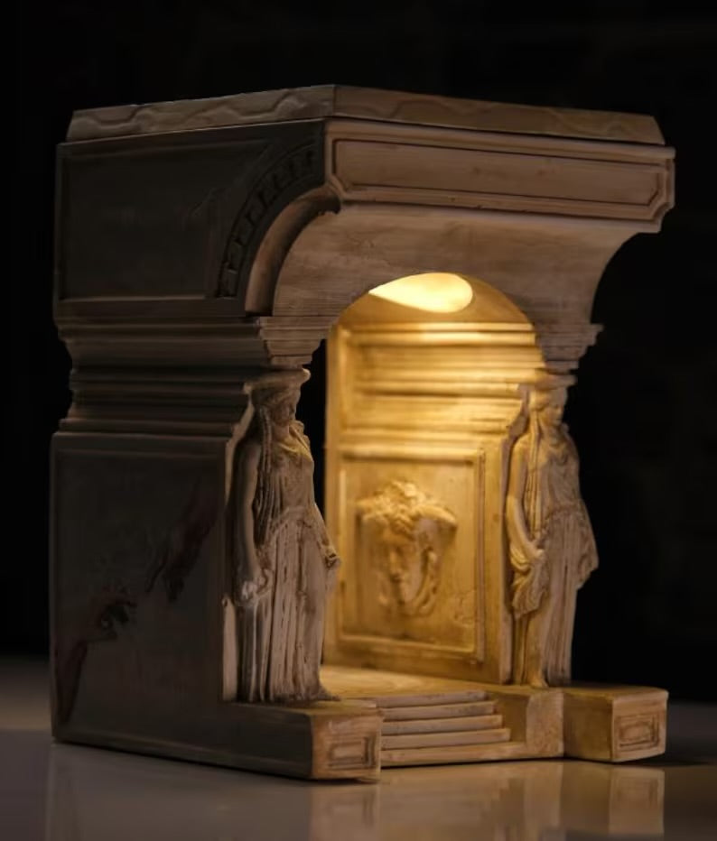 Karyatid Column Lamp with Medusa Details & Creation of Adam Prints and Sandro Boticelli