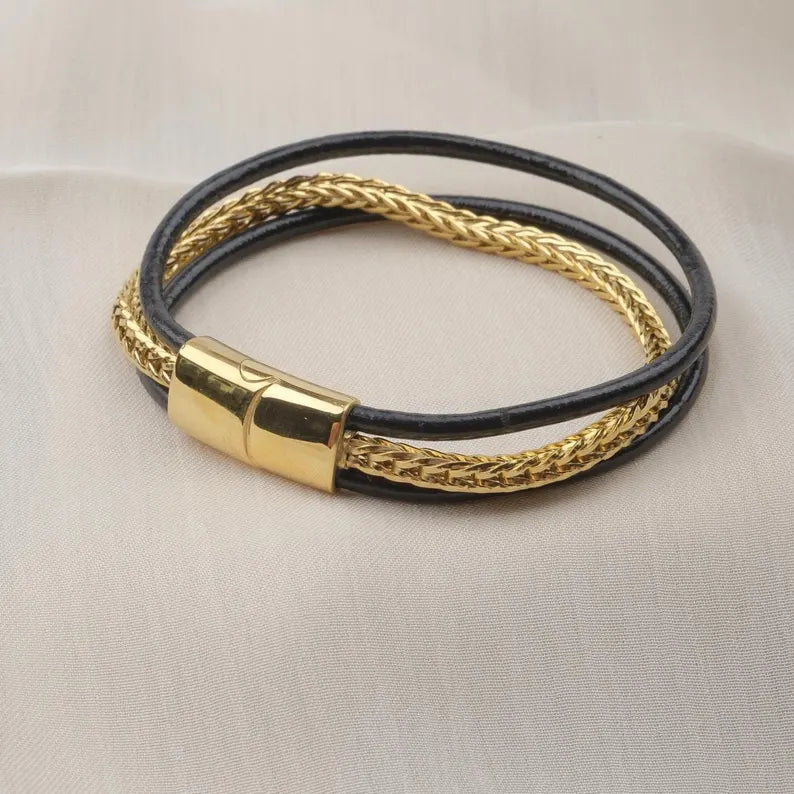 Gold & Leather Chain Bracelet with Titanium Lock