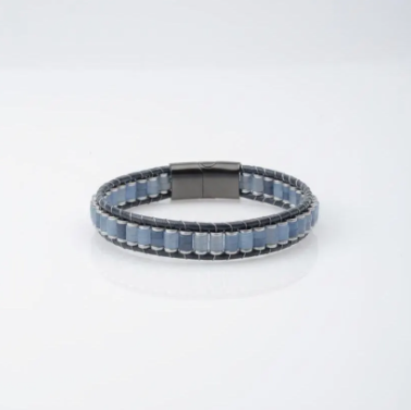 Unisex Gemstone Beaded Leather Bracelets with Titanium Lock
