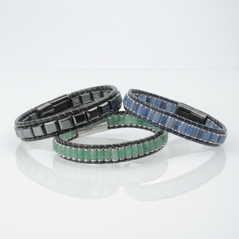 Unisex Gemstone Beaded Leather Bracelets with Titanium Lock