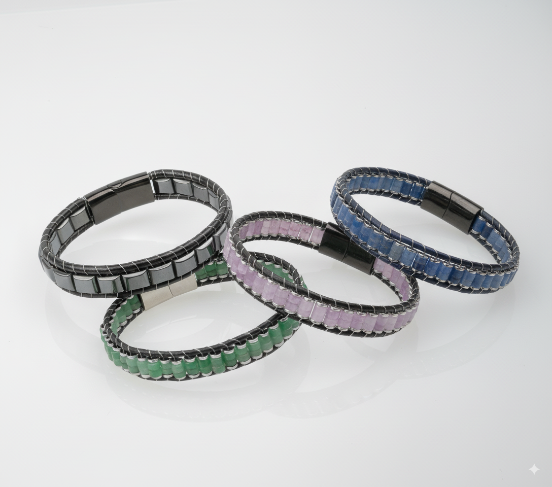 Unisex Gemstone Beaded Leather Bracelets with Titanium Lock