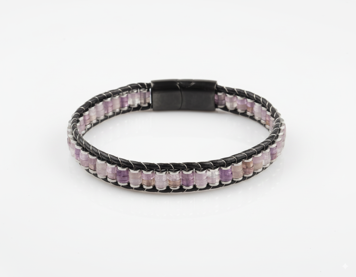 Unisex Gemstone Beaded Leather Bracelets with Titanium Lock