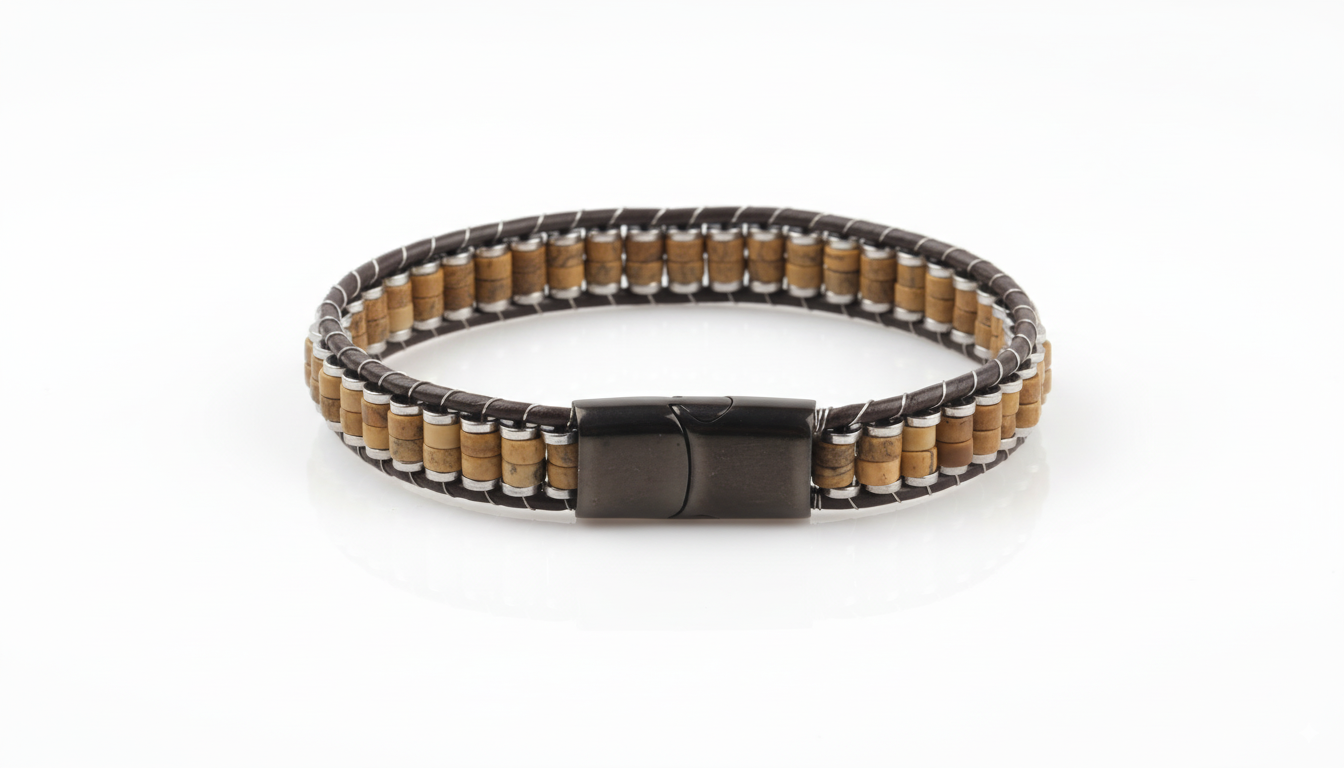 Unisex Gemstone Beaded Leather Bracelets with Titanium Lock