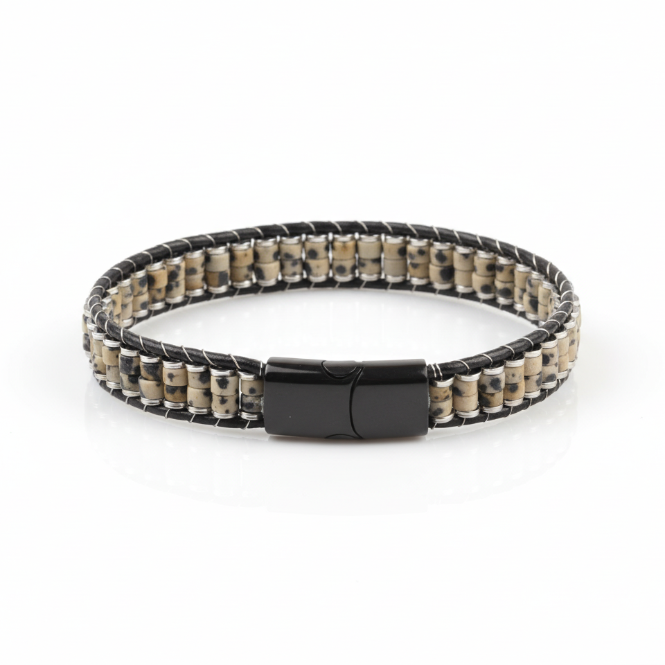 Unisex Gemstone Beaded Leather Bracelets with Titanium Lock
