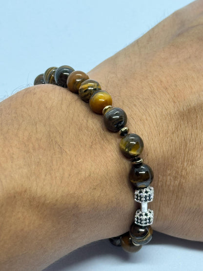 Silver Dumbbel Tiger Eye Hematite Bracelet for Him, Sacral Chakra Protection Gemini, Scorpio, Taurus, Cancer, Power Stone Men Gym Bracelet