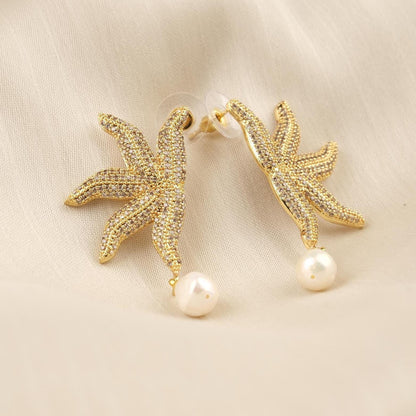 Handmade Real Pearl & Starfish Stud Earrings with Genuine Freshwater Pearl, Light Artistic Ocean-Inspired Design, Elegant Marine Style Gift
