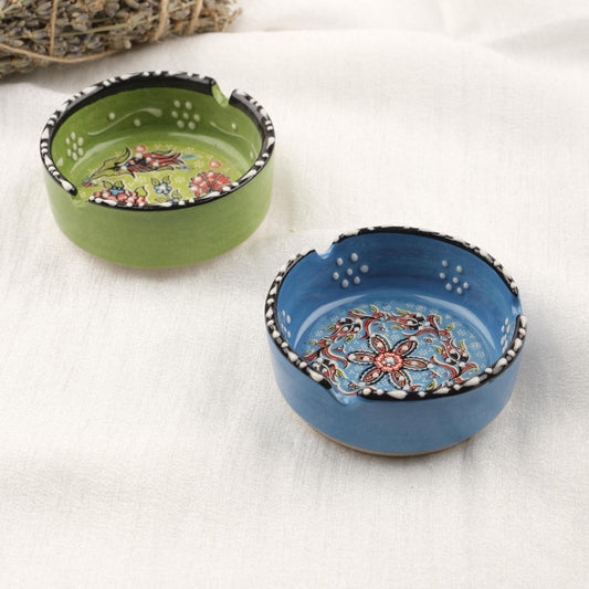 Buy1 Get1 | Green & Blue Ceramic Ashtray with Vintage Lid, Handmade Small Smoking Tray, Antique Style Decorative Ashtray Gift for Home