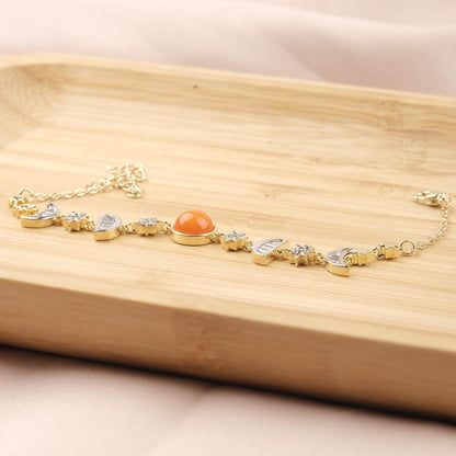 Orange Moon & Star Charm Bracelet for Women, Gold Celestial Jewelry with Vibrant Orange Accent Stone, Warm Gift for Her, 22cm / 8.66in