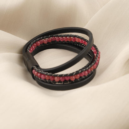 Handmade Bold Quartz and Genuine Leather Men's Bracelet, Multi-Layer Design with Titanium Lock, Statement Gemstone Jewelry | 22 cm (8.66 in)